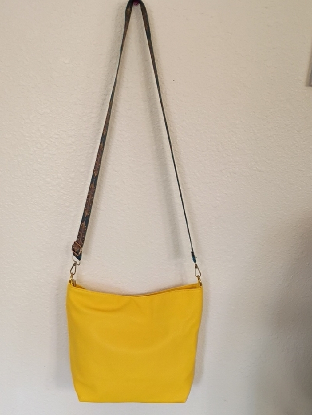 Women's Yellow Crossbody Bag with Patterned Strap - Picture 3 of 5